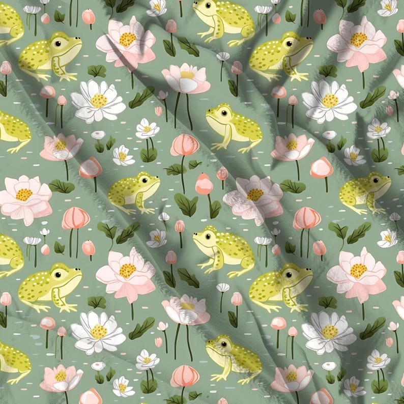 May include: A seamless pattern featuring green frogs with white spots on a light green background. The pattern also includes pink and white flowers.