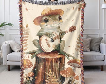 Boho Frog Woven Blanket, Frog Playing Guitar Tapestry Wall Art, Cottagecore Frog and Mushroom Woven Throw Blanket Tapestry for Nature Lovers