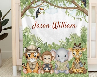 Jungle Name Blanket, Personalized Safari Baby Blanket, Velveteen Throw, Custom Boy Blanket, Baby Shower Gift, Cozy Couch Snuggle