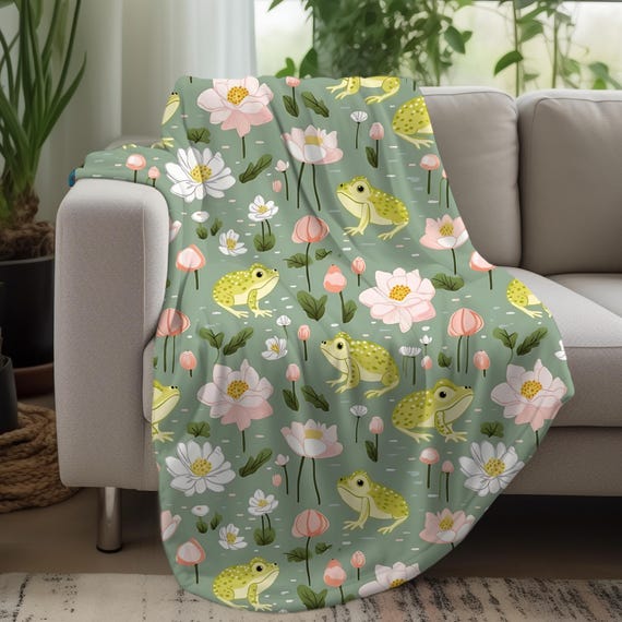 Cozy Frog Blanket, Floral Throw, Frogs and Flowers, Fleece Sherpa or Soft Velveteen Plush Blanket, Warm Fleece Throw, Frog Decor
