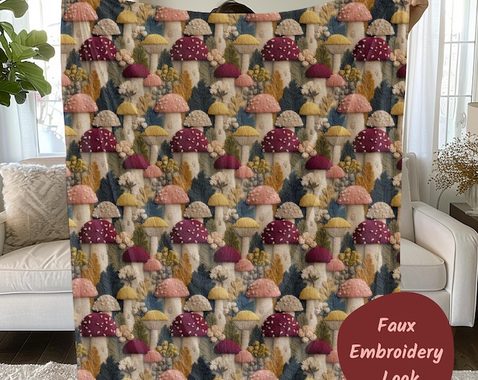 Mushroom Blanket, Faux Embroidery Look, Cottagecore Throw Blanket, Velveteen Plush or Sherpa Fleece Mushroom Decor, Boho Woodland Blanket
