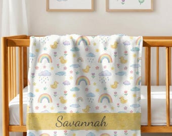 Personalized Duck Baby Blanket, Custom Name Rainbow Nursery Blanket, Baby Girl Name Blanket, Cute Duck Infant Gift
