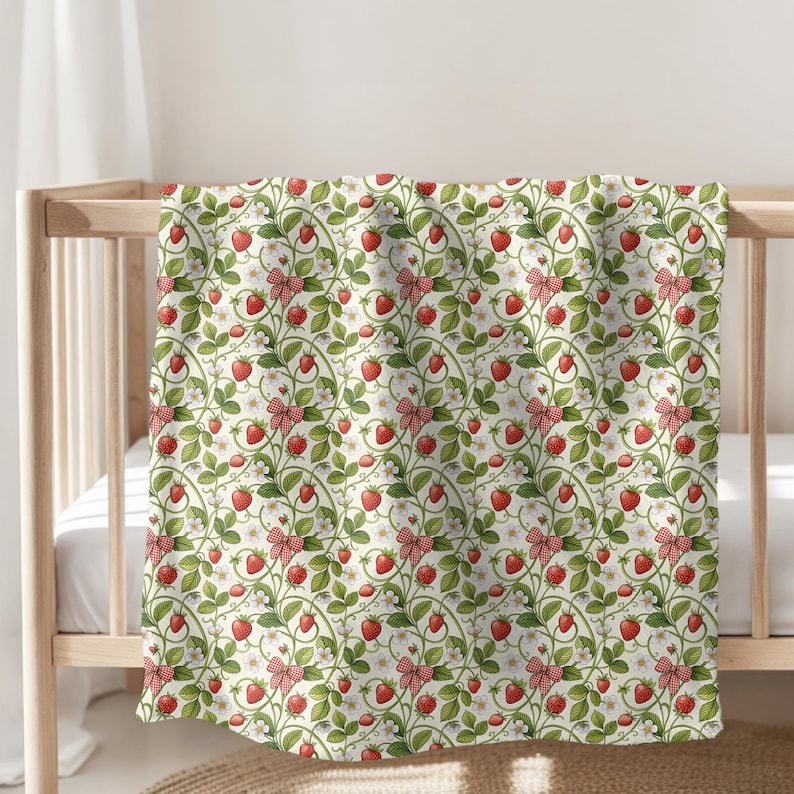 Strawberry Plush Blanket, Cottagecore Gingham Bow Throw, Comfy Sofa Throw Blanket, Farmhouse Strawberry Decor, Soft Plush or Sherpa Fleece image 5
