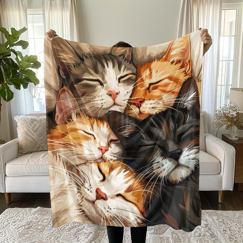 May include: A soft, cozy blanket featuring a colorful illustration of four cats sleeping together. The cats are a mix of brown, orange, white, and black fur. The blanket is perfect for cuddling up on the couch or in bed.