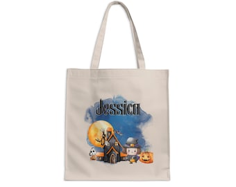 Halloween Witch Tote Bag, Cute Cartoon Witch Art, Spooky Haunted House Design, Autumn Pumpkin Decor, Fun Halloween Accessory