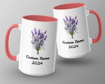Floral Mug, Lavender Flower, Custom Text Coffee Cup, Garden Lover Gift, Personalizable Name Mug, Botanical Drinkware, Double-Sided Print