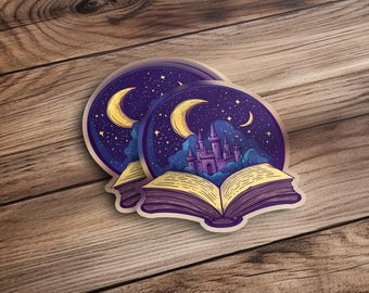 Magical Fantasy Castle Sticker, Open Book with Night Sky Sticker, Moon and Stars Fantasy Art Decal, Whimsical Fairytale Sticker