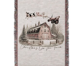 Cozy Christmas Farmhouse Blanket, Holiday Themed Throw Blanket, Rustic Farm Scene, Festive Home Decor, Cozy Winter Bedding, Christmas Gift