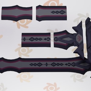 May include: A detailed illustration of a fantasy sword with a dark gray blade and hilt, accented with burgundy and geometric patterns. The sword is shown in multiple disassembled parts, showcasing its design.