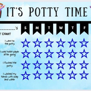 May include: A blue and white potty training chart with a superhero theme. The chart has a calendar with days of the week and stars for each day. The chart includes a list of potty training tasks with illustrations: going to the potty, using toilet paper, flushing the potty, and washing hands with soap and water.