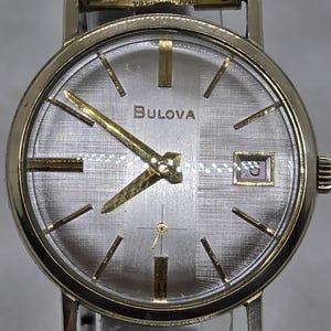 Vtg Bulova 1970 Date King Men&#39;s LINEN Dial,10K Gold RGP & Vtg/10K Gold Fill Band