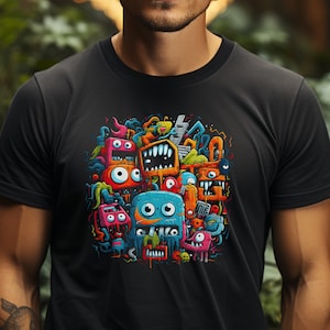 Cartoon Monsters T-shirt met korte mouwen | Cadeau voor cartoonliefhebbers, leuk monstersshirt, unieke monstertop, trendy cadeau-T-shirt