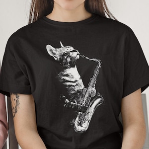 Kat moeder saxofonist shirt grappige kat speelt saxofoon shirt jazzmuziek verjaardagscadeau kat vader muzikant shirt saxofoon leraar cadeau saxofoon