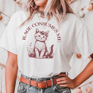 Rage Consumes Me Kitten T-Shirt Angry Coquette Kitty Shirt Mental Health Woman Gift Funny Rage Cat Mom Gift Cat Head Flowers Wreath Shirt