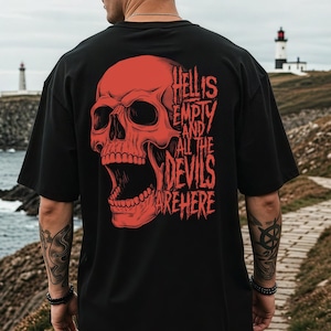 Camiseta "El infierno está vacío y todos los demonios están aquí", con cita de Shakespeare, regalo para profesores, calavera roja, regalo para papá, camiseta de esqueleto gótico grunge