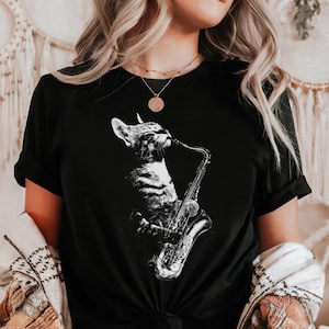 Kat speelt saxofoon tshirt grappige kat jazzmuziek shirt vintage saxofonist retro kat saxofonist T-shirt kat muzikant T-shirt houtblazers instrument