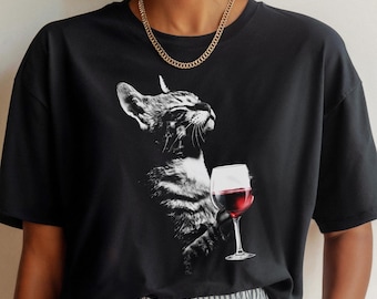 Kat drinkt wijn vrouw shirt kat wijn shirt kat moeder wijnliefhebber cadeau kat bedrijf rode wijn shirt cadeau voor wijn en katten minnaar rode wijn kat