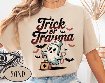 Camiseta de truco o trauma, camiseta de enfermera de Halloween, camiseta de Boo Boo, lindo regalo de enfermera fantasma, regalos espeluznantes para enfermeras, camiseta médica de Halloween