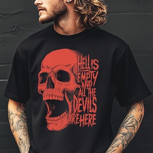 Camiseta "El infierno está vacío y todos los demonios están aquí", con cita de Shakespeare, regalo para profesores, calavera roja, regalo para papá, camiseta de esqueleto gótico grunge