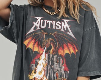 Autism Dragon T-Shirt Gothic Fantasy Castle Shirt Autistic Man Gift Retro Vintage Tee Metal Aesthetic Neurodivergent Tee