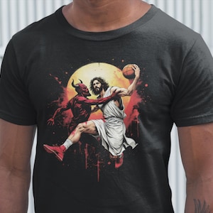 Jesus Crossing Up The Devil T-Shirt Basketball Lover Man Gift Christian Dad Gift Jesus Playing Basketball Woman Shirt Jesus Crossover Tee