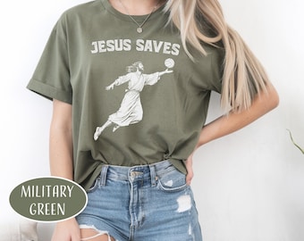 Jesus Saves Volleyball T-Shirt Jesus Playing Volleyball Shirt Funny Volleyball Player Christian Gift Religious Mom Gift