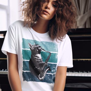 Cat Playing Saxophone Tshirt Funny Cat Jazz Music Shirt Vintage Sax Retro Cat Saxophonist T-Shirt Cat Musician Tee Woodwind Instrument Shirt