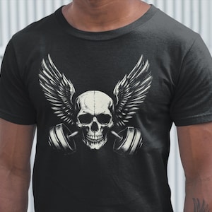 Gym Skull T-Shirt Grunge Skull Bodybuilder Gift Winged Skull Gym Lover Gift Skull Cross Dumbbell Shirt Weightlifting Shirt Weightlifter Gift