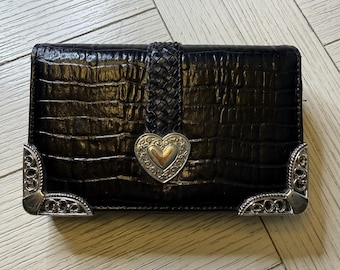 Brighton Bellisimo Heart Wallet Croc Embossed Leather Card Holder Zip Coin Boho