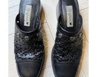 Brighton Fanny Mule 9 N Black Woven Leather Block Heel Slide Shoe Silver Hearts