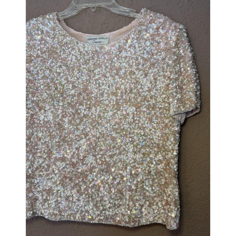 Adrianna Papell Silk VTG Sequin Beaded Lined Formal Glam Blouse Top Back Zip 14 image 3