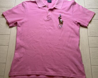 Ralph Lauren Women Skinny Polo Big Pony Pink SS Shirt 100% Cotton XL Y2K Preppy
