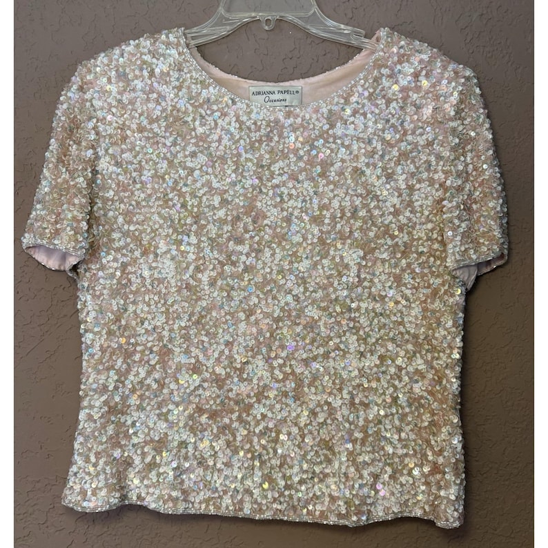 Adrianna Papell Silk VTG Sequin Beaded Lined Formal Glam Blouse Top Back Zip 14 image 1