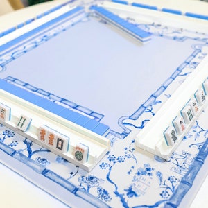 Chinoiserie Mahjong Mat, Blue and white neoprene Mahjongg mat, blue pagoda mahj mat, Chinese floral Mahj-ongg mat