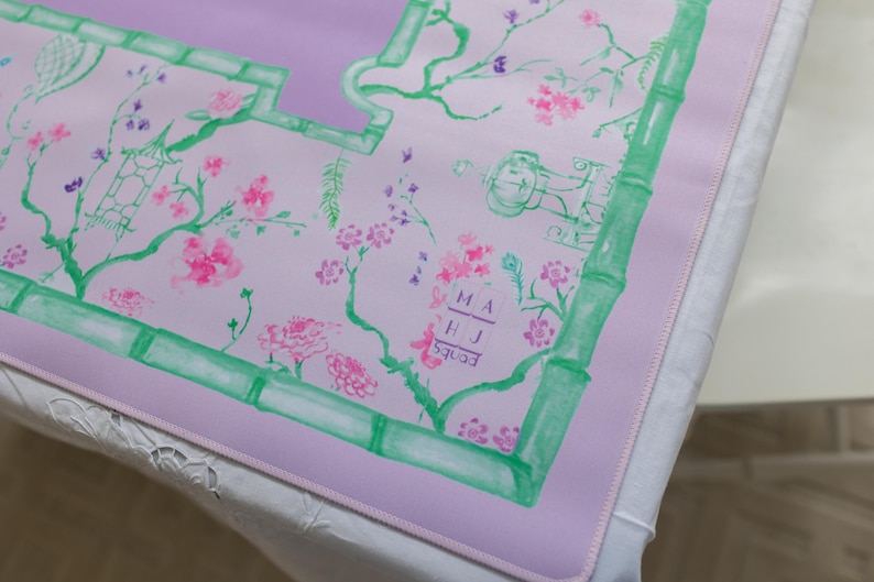 Pastel Chinoiserie Mahjong Mat, Garden Party neoprene Mahjongg mat, green and lavender pagoda mahj mat, Chinesefloral Mahj-ongg mat Bild 5