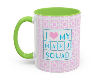 Mahjong Coffee Mug, Mahj Squad mug, Pink and green Mahjong cup, Palm Springs Mahjongg, Mahjong gifts, Pink Mahjong, Morning Mahjong
