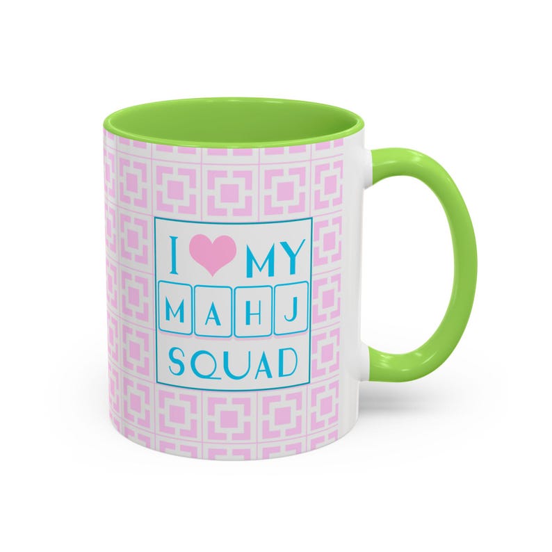 Mahjong Coffee Mug, Mahj Squad mug, Pink and green Mahjong cup, Palm Springs Mahjongg, Mahjong gifts, Pink Mahjong, Morning Mahjong image 3
