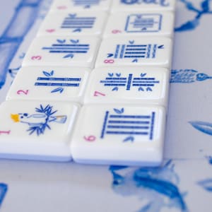 Puede incluir: Primer plano de fichas de Mahjong blancas con ilustraciones y n&uacute;meros azules. Las fichas presentan dise&ntilde;os de bamb&uacute;, p&aacute;jaros y geom&eacute;tricos. Las fichas est&aacute;n dispuestas sobre una superficie con estampado floral azul y blanco.