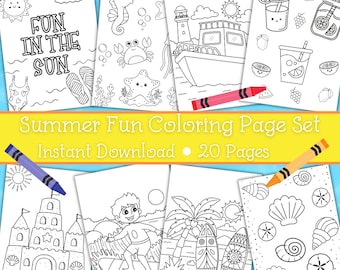 Summer Fun Coloring Page Set, Instant Download, Pool Party Activity, Summer Party Favors, Beach Party Games, Kids Camp Coloring Pages, Color