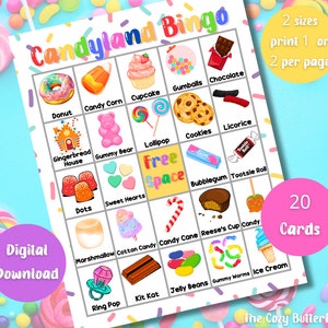 Candyland Bingo, jogo temático de doces, 20 cartas de bingo, jogo de doces para crianças, atividades de sala de aula de doces, Bingo Candyland fofo, BINGO, jogo divertido para a família