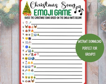 May include: A printable Christmas game with a red border and green text. The game is called "Christmas Song Emoji Game" and asks players to guess the Christmas song based on the emoji hints below. The game includes 16 lines with emojis and numbers 1 through 16.