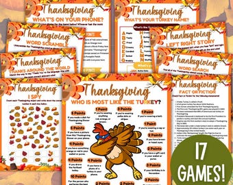 May include: A set of 17 Thanksgiving games with a festive autumnal theme. The games include activities like "What's on Your Phone?", "Word Scramble", "Thanks Around the World", "I Spy", "Who is Most Like the Turkey?", "Left Right Story", "Word Search", and "Fact or Fiction".