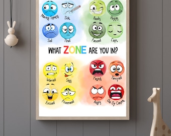 Zones Of Regulation Poster, Feelings Poster, Emotions Chart, Calm Corner, Mental Health Poster, School Counselor, Therapy Office Decor