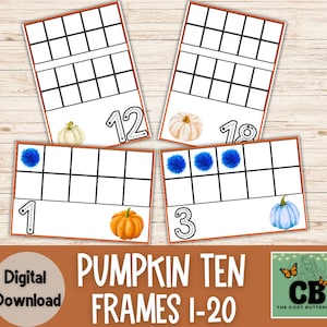 May include: Printable pumpkin ten frames for kids.  The frames are numbered 1-20 and feature pumpkins and blue flowers.  The frames are designed for counting and number recognition.