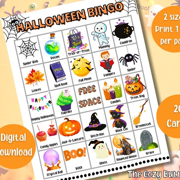 Halloween Bingo, 20 Bingo Cards, Halloween Activity, Kids Halloween Party Games, Halloween Classroom Activity, Cute Halloween Bingo, BINGO