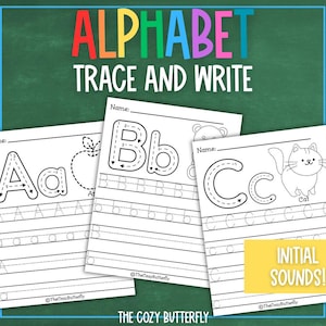 May include: Three printable worksheets for tracing and writing the letters A, B, and C. Each worksheet features a picture of an apple, a bear, and a cat, respectively. The worksheets are designed for young children learning to write the alphabet.