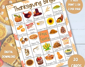 Pode incluir: Um cartão de bingo de Ação de Graças com 25 quadrados com imagens de alimentos tradicionais de Ação de Graças, como peru, torta de abóbora e milho. O quadrado do centro diz "Espaço livre". O cartão é impresso em papel branco com uma borda cinza claro.