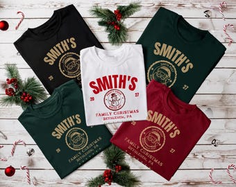 Personalized Family Christmas Shirt, Watercolor Tree Tee, Vintage Holiday T-Shirt, Custom Last Name Christmas Gift, Matching Family Outfit