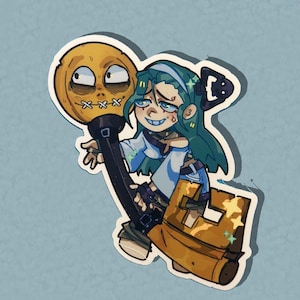 May include: A sticker featuring a cartoon character with teal hair holding a large golden key with a stitched-up face. The key has a black handle and a gold body.