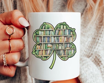 Book Lover Mug Retro Shamrock Mug Bookish Womens St Patricks Day Mug Cute St Patrick Coffee Cup Lucky Mug Irish Mug Gift Four Leaf Clover